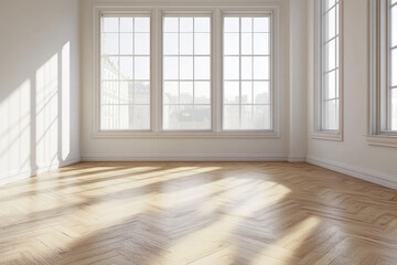 Obraz premium bright, empty room with light wood flooring and large windows, creating warm and inviting atmosphere. sunlight casts beautiful shadows across floor