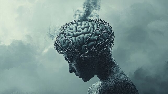 A realistic image showing a person sitting with their head slightly bowed, with a transparent or partially visible silhouette of a human brain around their 