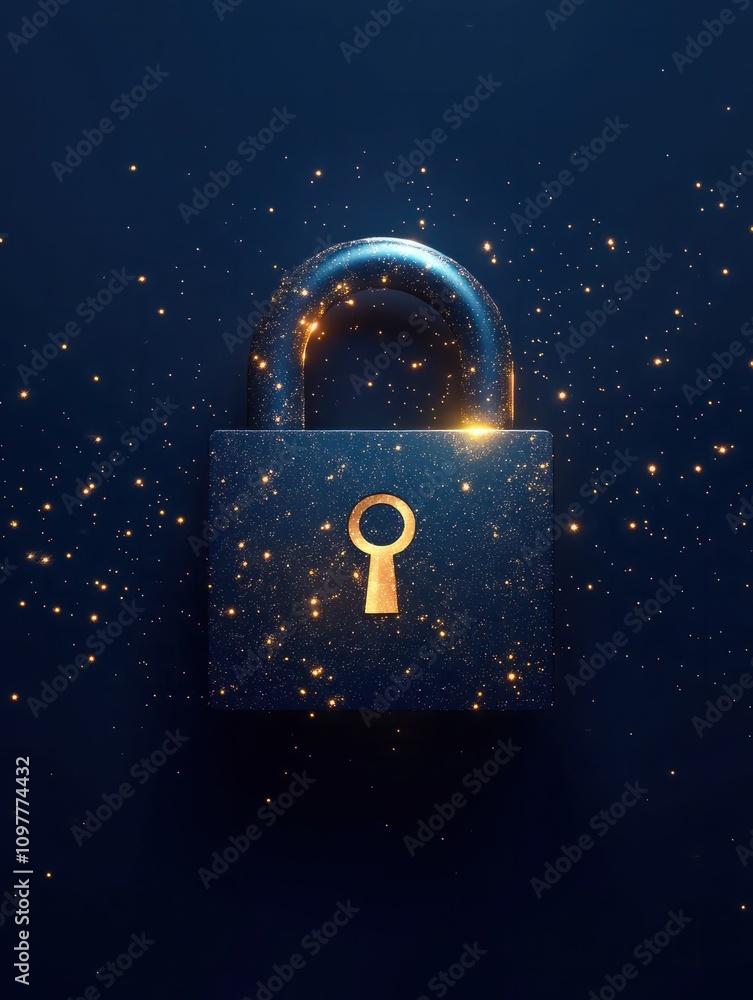 Poster creative glowing lock icon on dark blue background. web safety and security concept. 3d rendering
