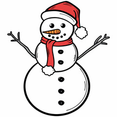 Cartoon Snowman Illustration with Red Santa Hat and Scarf, Classic Festive Design, High Quality Stock