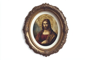 A beautifully crafted portrait framed in an ornate golden frame. It depicts a serene figure with deep expressions. Art invites contemplation and inspiration. Generative AI