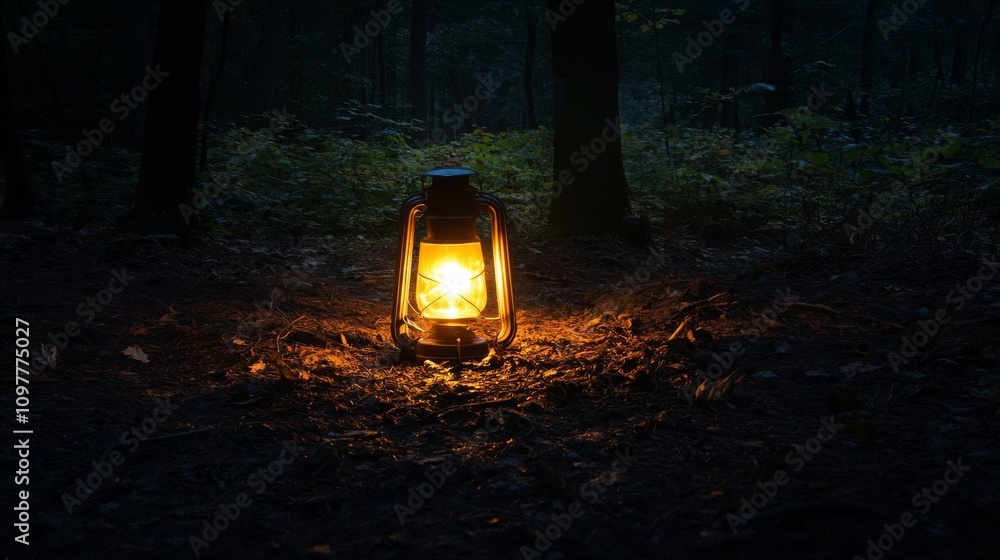 Poster a glowing lantern placed on the forest floor casts a warm light, creating a tranquil atmosphere in t
