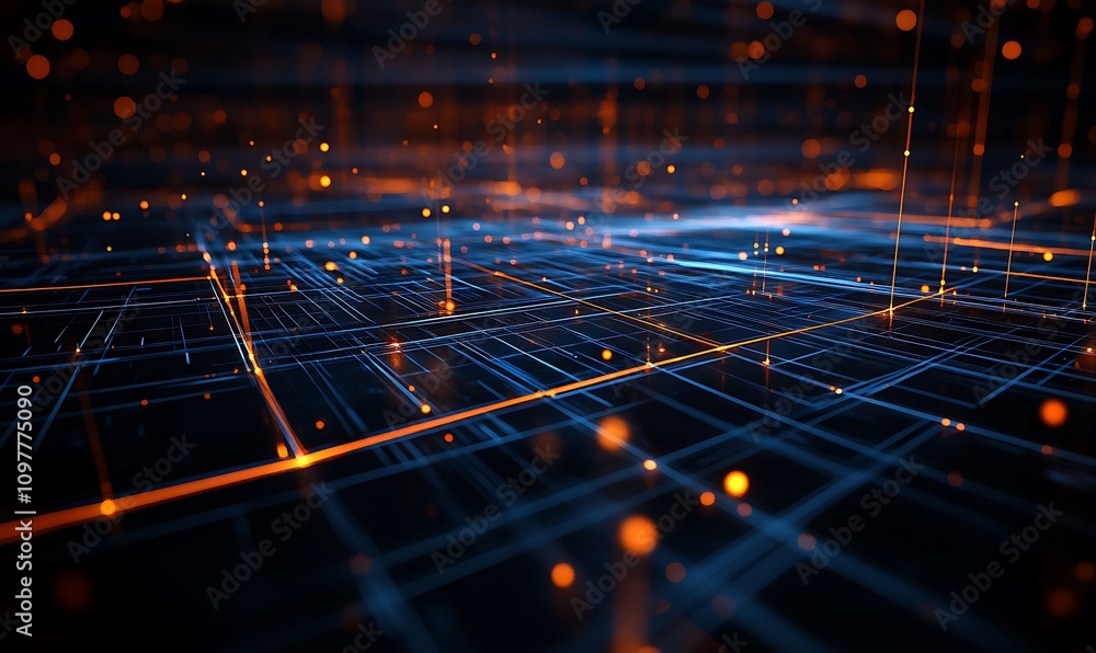 Poster abstract digital landscape with glowing lines and particles representing data flow.