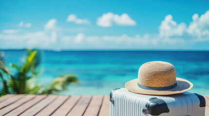 Obraz premium straw hat rests on white suitcase by beach, evoking sense of relaxation and adventure. vibrant blue ocean and sky create perfect vacation atmosphere