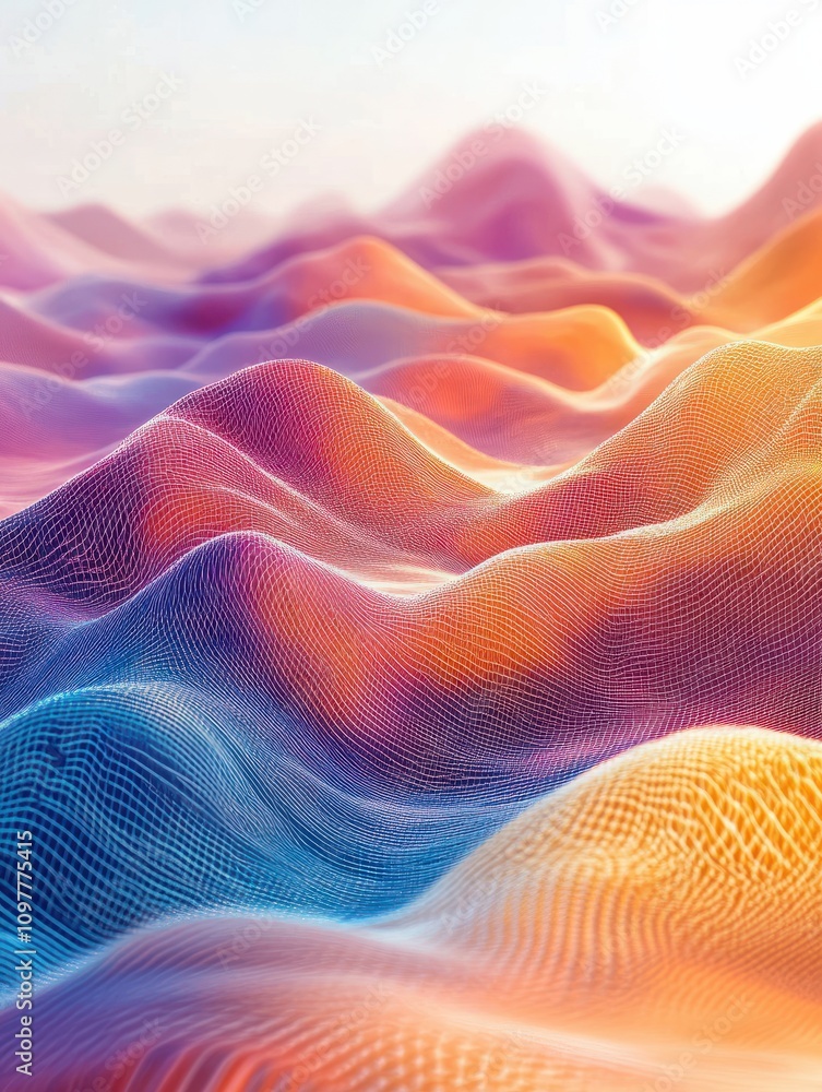 Poster digital background with wavy surface. 3d futuristic landscape with particles. sound waves data vecto