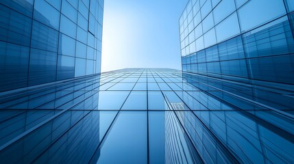 Low angle view of modern glass skyscrapers against a clear blue sky.
