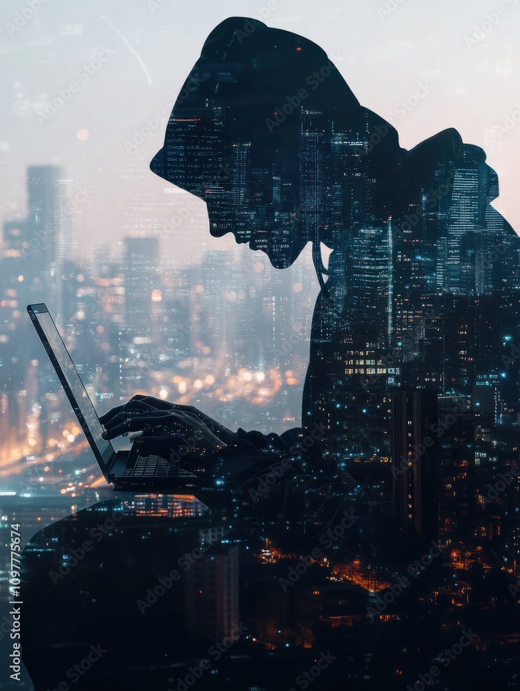 Poster double exposure of hacker silhouette working with laptop on the background of the city, hacking and 