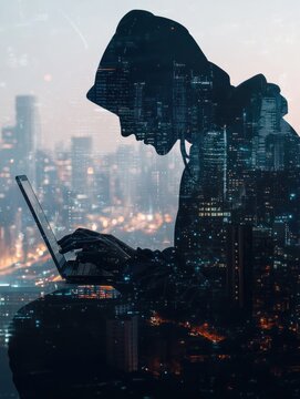 Double exposure of hacker silhouette working with laptop on the background of the city, hacking and crime concept