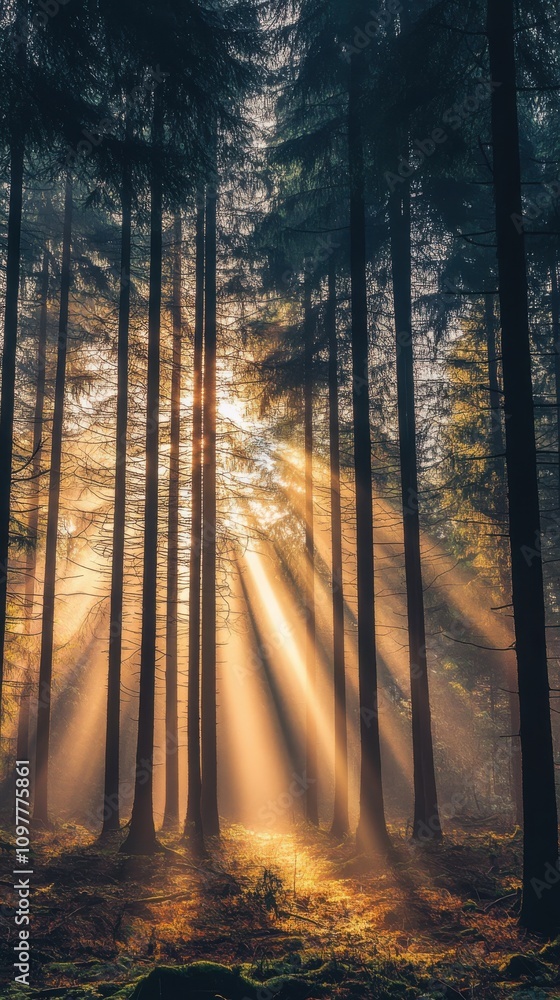 Poster serene forest scene with sunlight filtering through tall trees, casting warm rays in a tranquil sett
