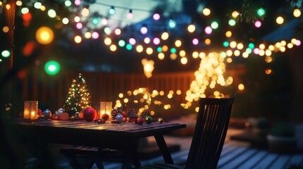 Bright, multi-colored string lights hanging over a holiday table in the backyard, glowing in the dark