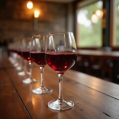 Glasses of red wine on bar counter in restaurant or winery