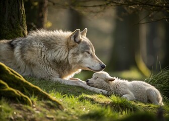 Obraz premium Serene Harmony: A Macro Photography of a Wolf Laying with a Lamb in Nature's Embrace, Captured in Stunning Detail, Evoking Peace and Coexistence Among Wildlife