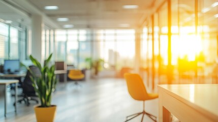 A modern, sunlit open office space with sleek furniture, lush potted plants, and large windows offering plenty of natural light, creating a vibrant and productive work environment.. AI Generation