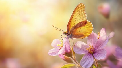 Obraz premium Butterfly on Flower in Beautiful Golden Hour Lighting
