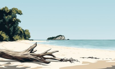 Naklejka premium A serene beach scene featuring a sandy shore, driftwood, lush greenery, and a distant island under a clear blue sky.