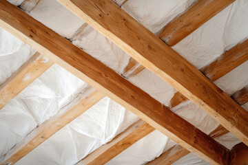 Artfully applied white spray foam insulation on wooden beams creates unique texture. contrast between natural wood and foam adds visual interest to ceiling design