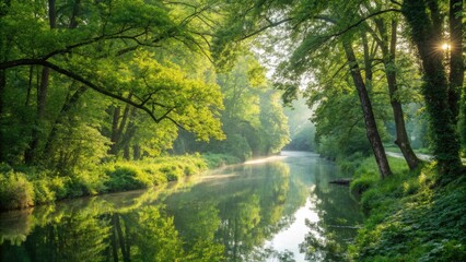 Serene River Flowing Through Lush Green Forest - Tranquil Nature Scene with Reflections, Sunlight Filtering, and Vibrant Foliage for Architectural Photography and Landscape Inspiration