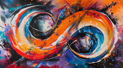 An abstract spray painting depicting swirling patterns and splashes of color, the dynamic composition evoking a sense of movement and spontaneity that draws the viewer in.