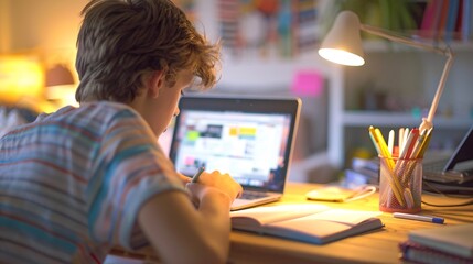 A teenager working on homework at a well-organized desk, with a laptop, notebooks, and a cup of pens
