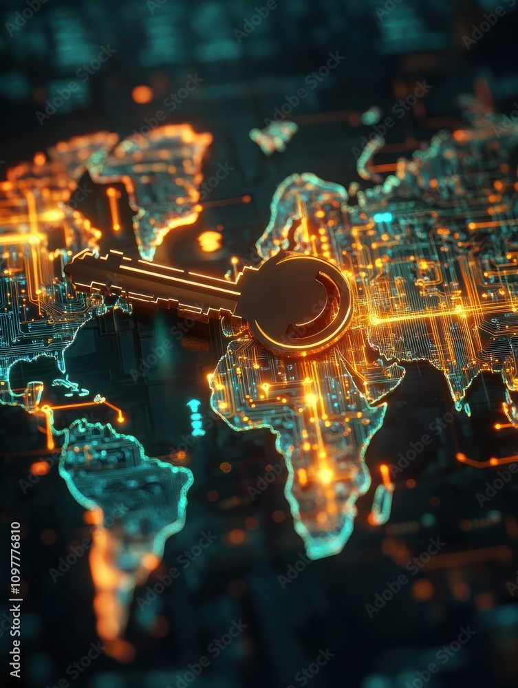 Poster glowing circuit key and world map interface. safety and security concept. 3d rendering