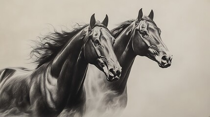 Graceful black and white portraits of horses, rendered in soft pencil strokes, set against a gentle beige backdrop. The elegant capture of these noble 