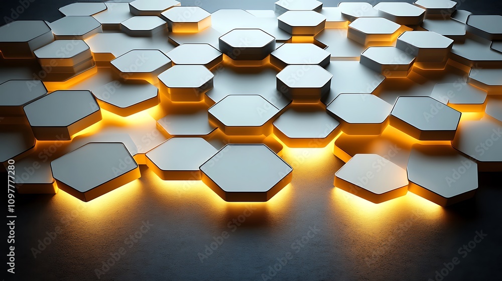 Poster a modern design featuring illuminated hexagonal shapes on a dark surface.