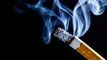 Close up of burning cigarette with smoke swirling gracefully in air, creating dramatic and moody atmosphere