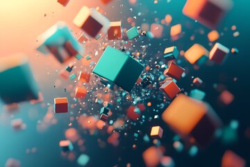 Abstract 3D composition of colorful cubes floating in space, creating a dynamic visual effect.