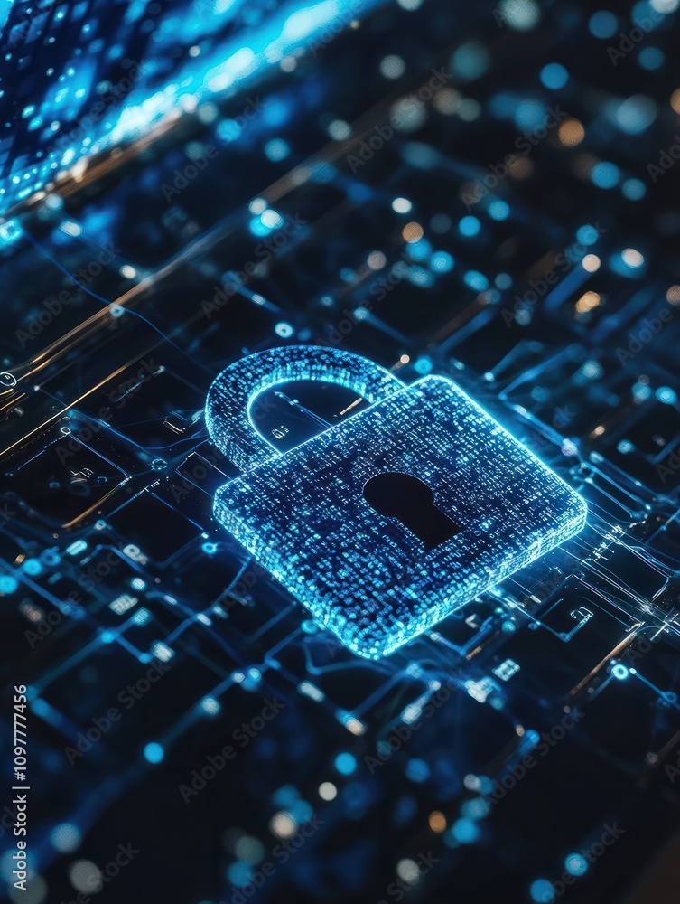 Poster hacker using laptop with abstract padlock network hologram on blue binary code background. safety an