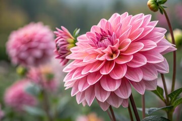 Obraz premium Stunning Close-Up of a Pink Dahlia Flower in Full Bloom - Vibrant Floral Photography for Nature Lovers, Garden Enthusiasts, and Floral Decor Inspiration