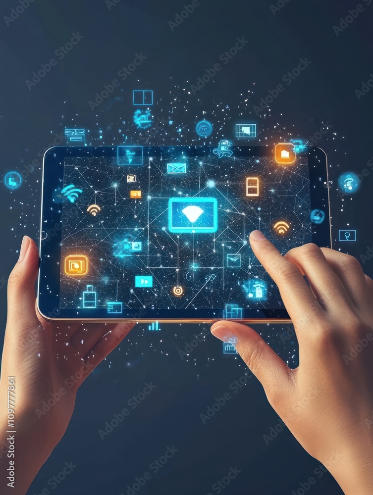 Poster hand using tablet with abstract 5g interface with computing icons on dark background. internet speed