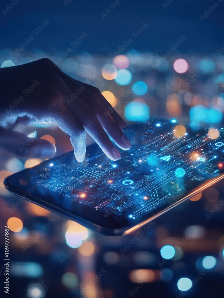 Poster hand using pad with abstract 5g interface with computing icons on blurry night city background. inte