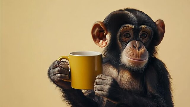 Cute Chimpanzee Holding Yellow Mug Against Neutral Background
