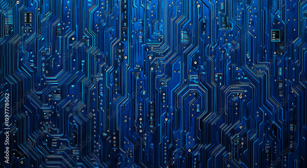 Poster Detailed close-up of a blue circuit board showcasing intricate pathways and components in a technological setting