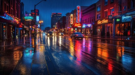 A rain-soaked street at night with car headlights reflecting off the wet pavement, creating a moody, cinematic atmosphere. Neon signs from nearby buildings cast colorful reflections on the road.