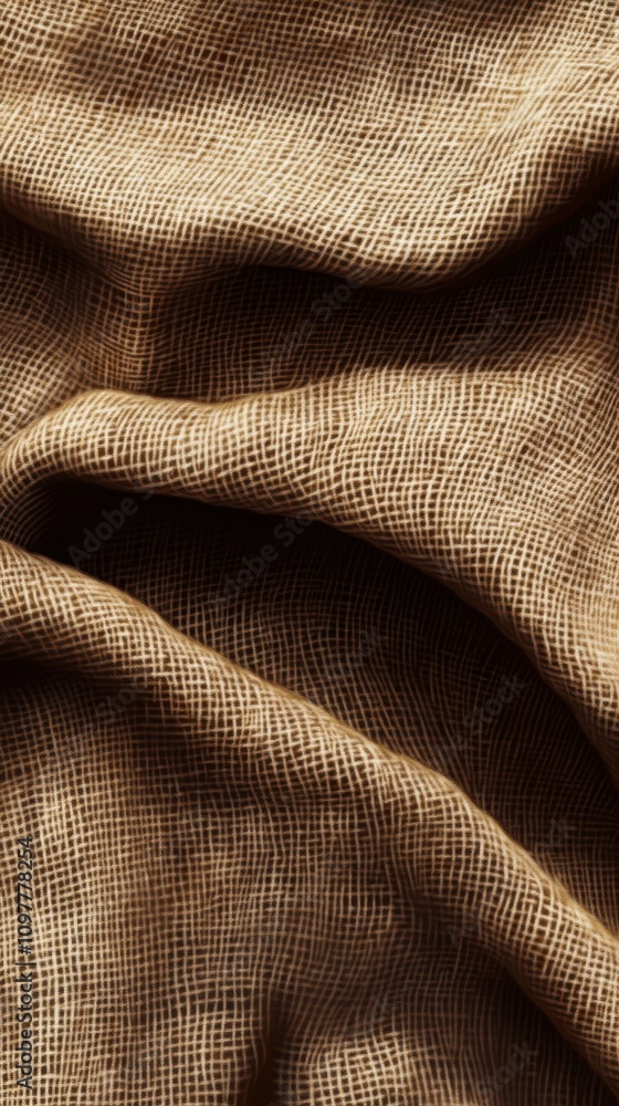 Poster close-up view of textured burlap fabric with natural earthy tones, creating a rustic and warm atmosp