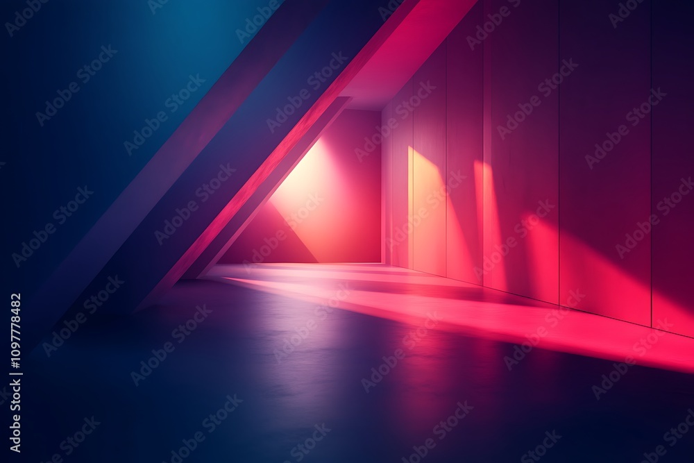 Poster a vibrant, abstract space with angled walls and colorful lighting creating a futuristic atmosphere.