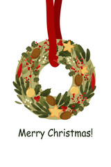 card with Christmas wreath and red ribbon from the set of Christmas symbols, pine cones, fir tree, red berries as a poster, banner, invitation