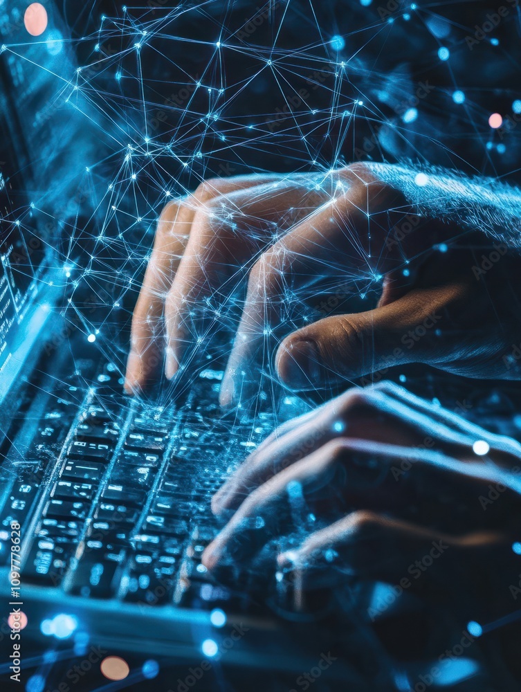 Aufkleber information and network protection with hologram cyber secutrity icons and man hands with keyboard. 