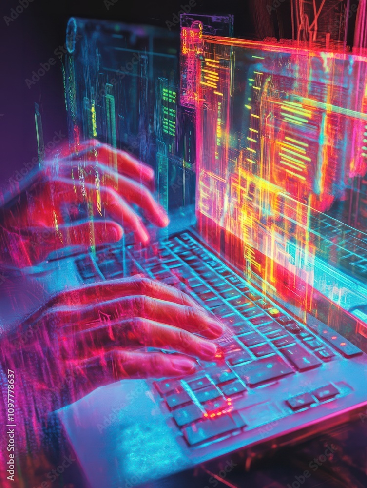 Aufkleber information and network protection with hologram cyber secutrity icons and man hands with keyboard. 
