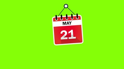 May 21 Calendar Sign on green screen background, chroma key. Calendar Pendulu Animation - May 21. 4k graphic motion