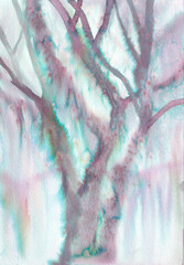 watercolor ink art, abstract trees, black and white illustration