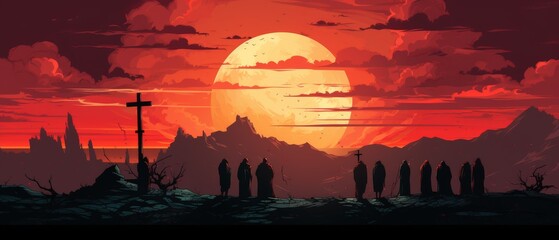 Dark Silhouette of Figures Under a Huge Orange Sun Setting