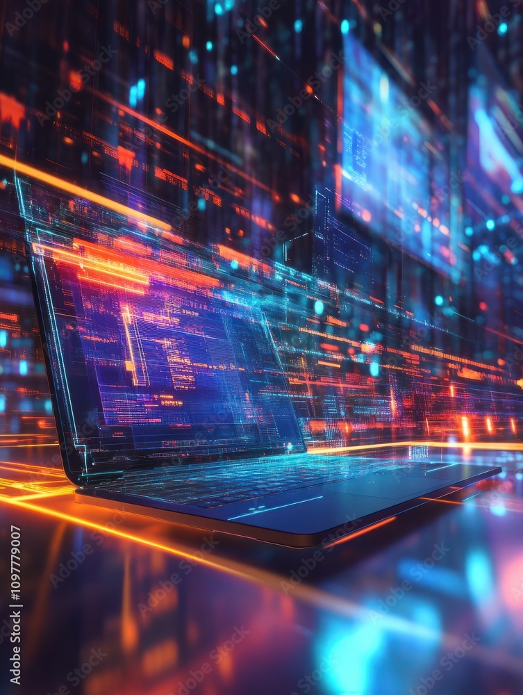 Poster laptop on desktop with abstract 5g network hologram. internet and web speed concept. double exposure