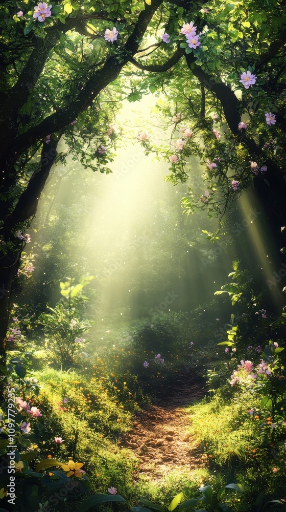 Poster a serene and enchanting forest path illuminated by soft sunlight filtering through lush greenery and