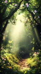 Fototapeta premium A serene and enchanting forest path illuminated by soft sunlight filtering through lush greenery and blooming flowers.