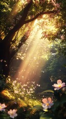 Fototapeta premium A serene forest scene with dappled sunlight filtering through blossoming trees, creating a magical atmosphere.