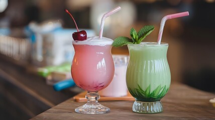 A pink drink with a cherry and a refreshing green drink with straws