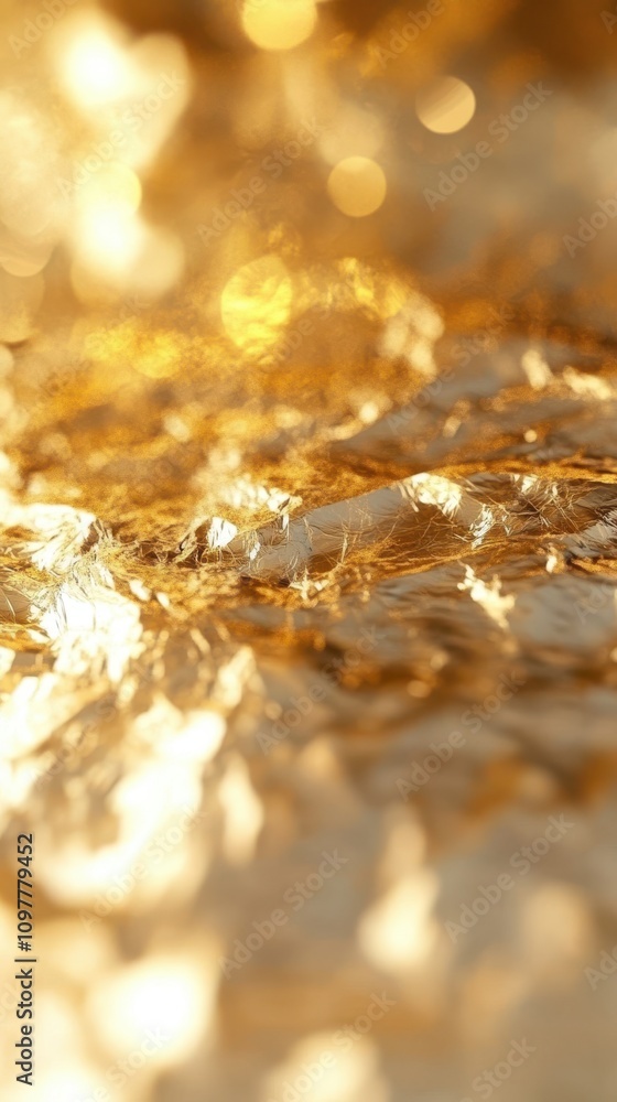 Poster abstract close-up of shimmering gold foil, creating a warm, luxurious texture with a soft bokeh effe