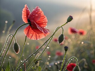 Obraz premium Vibrant Poppy Flower with Water Drops and Soft Focus Background for Stunning Floral Photography
